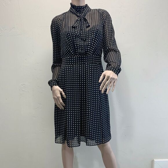 Vintage Mock Neck Polka Dot Georgette Midi Dress - Picture 1 of 14